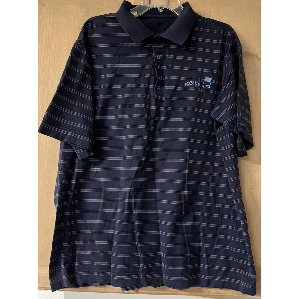 Cutter & Buck Polo Shirt Mens XL Navy Blue Striped The Waterford Golf Short Slv